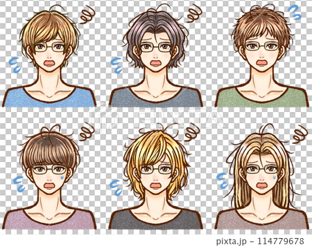 Illustration material set 2 of an adult man with messy hair who is troubled by bedhead Illustration material set 2 of an adult man with messy hair who is troubled by bedhead 114779678