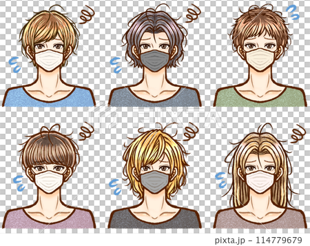 Illustration material set 3 of an adult man with messy hair who is troubled by bedhead Illustration material set 3 of an adult man with messy hair who is troubled by bedhead 114779679