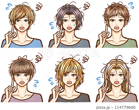 寝ぐせに悩むぼさぼさヘアーの大人男子のイラスト素材セット4 114779680