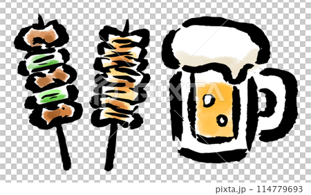Yakitori and beer brush-drawn illustration 114779693