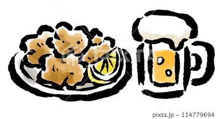 唐揚げとビール　筆タッチ手描きイラスト 114779694