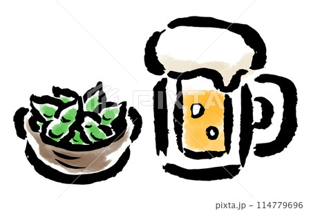 枝豆とビール　筆タッチ手描きイラスト 114779696