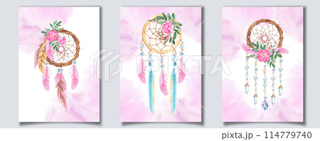 Set of Dream Catcher Cards or Poster Templates with with beads, crystals, rose hip flowers and pink, blue and beige feathers. Watercolor splashes. Hand drawn illustrations. Bohemian decoration, chic 114779740