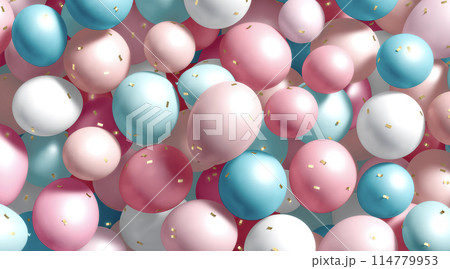 Stack of oink and blue round balloons with confetti mockup 114779953