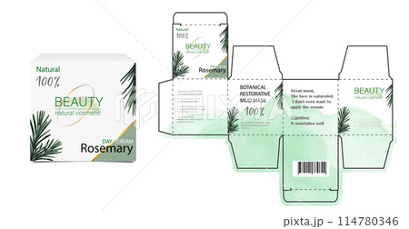 Design of the cosmetic packaging template. Cut. Cosmetic cream mask with rosemary in a closed box. Realistic 3D model. 114780346