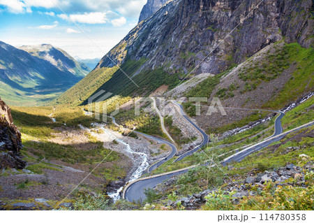 Sharp bends of Trollstigen serpentine road in Norway 114780358