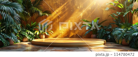 3D rendered tropical podium with lush green leaves against golden textured background 114780472