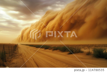 Monstrous sandstorm sweeps across a desert path, engulfing the environment in a thick cloud of sand with dramatic lighting. Monstrous sandstorm sweeps across a desert path, engulfing the environment in a thick cloud of sand with dramatic lighting. 114780535