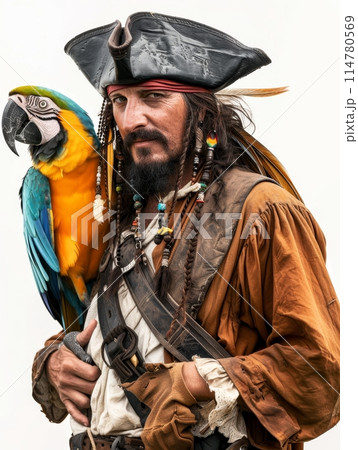 Detailed shot of a pirate character in full costume, complete with a blue and yellow macaw on his shoulder. Detailed shot of a pirate character in full costume, complete with a blue and yellow macaw on his shoulder. 114780569
