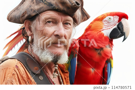 Elderly pirate with weathered features posing alongside a vivid red parrot against a white background. Elderly pirate with weathered features posing alongside a vivid red parrot against a white background. 114780571