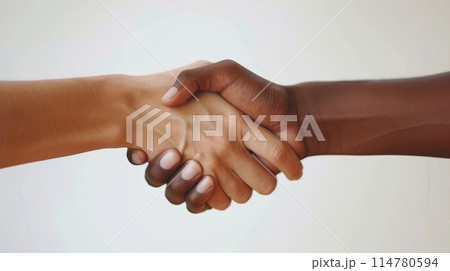A symbolic handshake between two individuals of different ethnicities on a clean white background.. 114780594