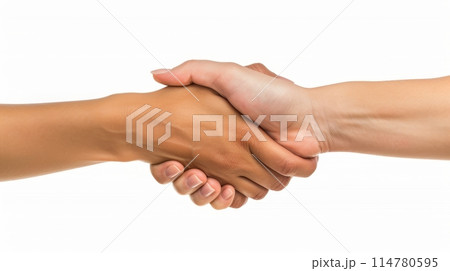 Close-up of a firm handshake between two people with different skin tones, isolated on a white background.. 114780595