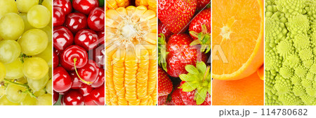 Set of vegetables and fruits- background. Collage. Wide photo. 114780682
