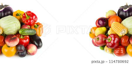 Vegetables and fruits isolated on white . Free space for text. Wide photo. Collage. 114780692