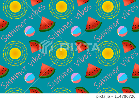 Seamless vector pattern featuring colorful beach balls, watermelons, and suns. Perfect for summer-themed designs, textiles, and wallpapers. Seamless vector pattern featuring colorful beach balls, watermelons, and suns. Perfect for summer-themed designs, textiles, and wallpapers. 114780726
