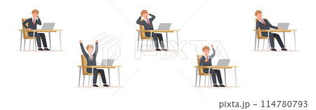 Man Office Worker Sitting at Desk with Laptop Engaged in Workflow Vector Set Man Office Worker Sitting at Desk with Laptop Engaged in Workflow Vector Set 114780793