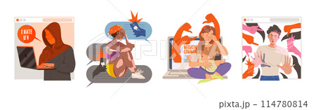 Cyber Bullying with Depressed Young People Character Victim Vector Set Cyber Bullying with Depressed Young People Character Victim Vector Set 114780814