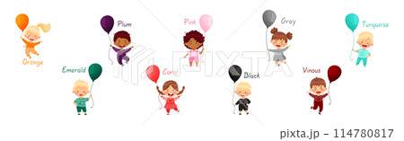 Cheerful Kids Holding Balloons of Different Colors Vector Set 114780817