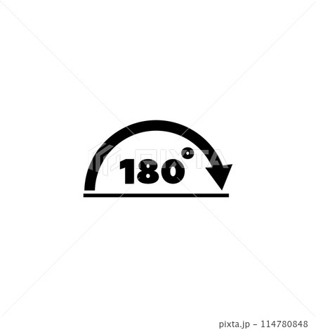 A simple black and white icon depicting a semicircular shape with the number 180 inside, representing a 180 degree angle or rotation. A simple black and white icon depicting a semicircular shape with the number 180 inside, representing a 180 degree angle or rotation. 114780848