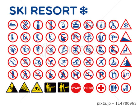 Collection of ski resort signs displayed against a blank white backdrop Collection of ski resort signs displayed against a blank white backdrop 114780965
