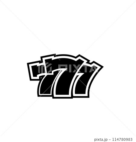 A simple black and white icon representing the lucky number 777, often associated with gambling, slot machines, and the pursuit of fortune 114780983