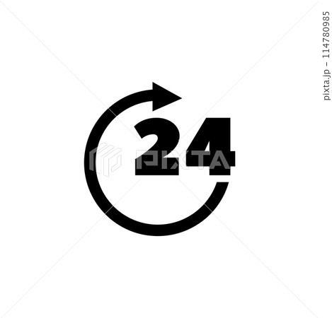 A simple black and white icon depicting a circle with a directional arrow and the number 24 representing 24-hour, 7-day availability, service or access 114780985