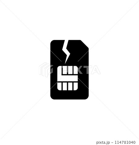 A simple icon depicting a cracked or broken SIM card, representing issues with mobile connectivity or device compatibility. 114781040