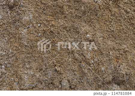 Surface structure of river sand. Large river sand at a construction site. 114781084