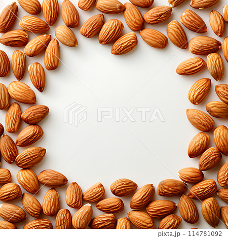 Frame of delicious ripe almond, on a white background, free place for text, for design, advertising and food packaging decoration Frame of delicious ripe almond, on a white background, free place for text, for design, advertising and food packaging decoration 114781092