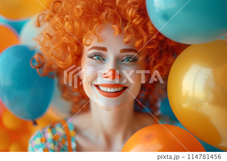 The vibrant clown's presence brings energy and excitement to the colorful party 114781456