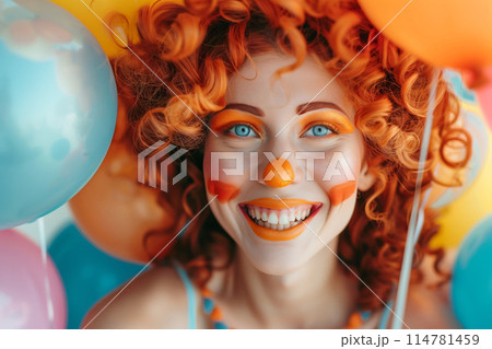 The vibrant clown's presence brings energy and excitement to the colorful party 114781459