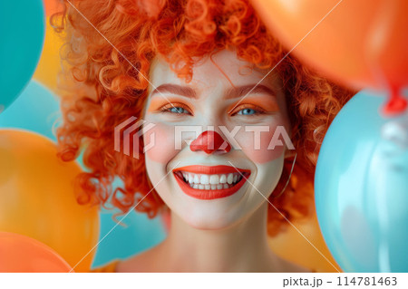 The vibrant clown's presence brings energy and excitement to the colorful party 114781463