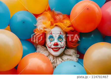 The vibrant clown's presence brings energy and excitement to the colorful party 114781467