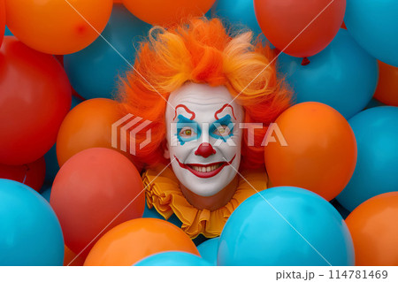 The vibrant clown's presence brings energy and excitement to the colorful party 114781469