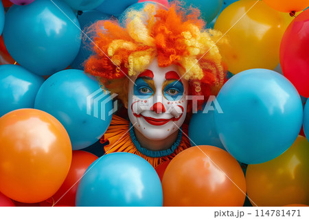 The vibrant clown's presence brings energy and excitement to the colorful party 114781471
