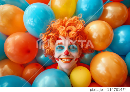 The vibrant clown's presence brings energy and excitement to the colorful party 114781474