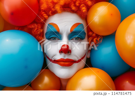 The vibrant clown's presence brings energy and excitement to the colorful party 114781475