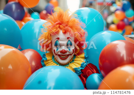 The vibrant clown's presence brings energy and excitement to the colorful party 114781476