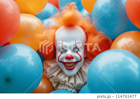 The vibrant clown's presence brings energy and excitement to the colorful party 114781477