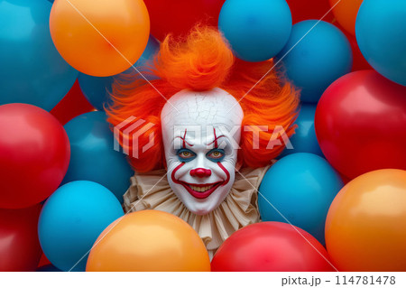 The vibrant clown's presence brings energy and excitement to the colorful party 114781478