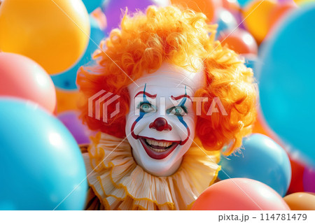The vibrant clown's presence brings energy and excitement to the colorful party 114781479