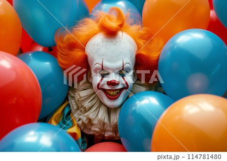 The vibrant clown's presence brings energy and excitement to the colorful party 114781480