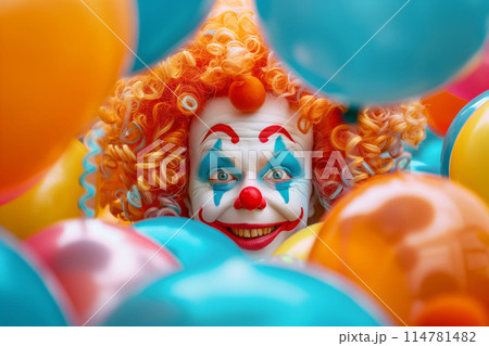 The vibrant clown's presence brings energy and excitement to the colorful party 114781482