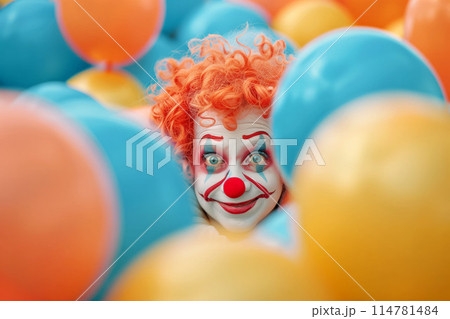 The vibrant clown's presence brings energy and excitement to the colorful party 114781484