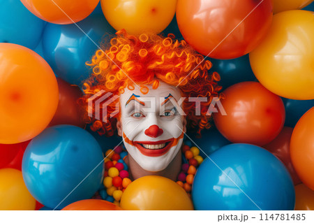 The vibrant clown's presence brings energy and excitement to the colorful party 114781485