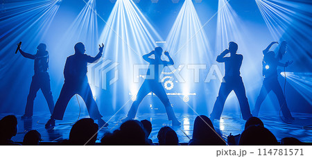 Silhouetted Group Performing Energetic Dance Routine on Stage with Dramatic Lighting 114781571