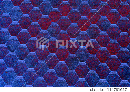 Roof with red bituminous tiles close up, changed color scheme. 114781637