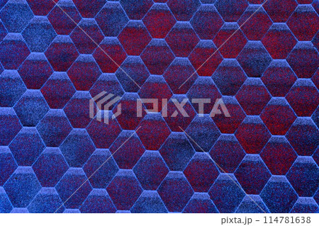 Roof with red bituminous tiles close up, changed color scheme. Roof with red bituminous tiles close up, changed color scheme. 114781638