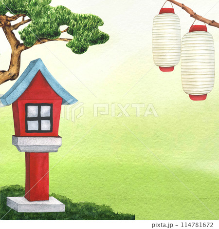 Japanese Paper Lantern, traditional Red Wooden Lantern and Bonsai tree of Pine for the Japanese Garden. Hand drawn Watercolor illustration. Architecture and religion concept Landscape design element Japanese Paper Lantern, traditional Red Wooden Lantern and Bonsai tree of Pine for the Japanese Garden. Hand drawn Watercolor illustration. Architecture and religion concept Landscape design element 114781672