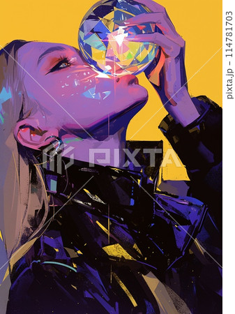 Mysterious Woman with Vibrant Crystal Ball on Yellow Background 114781703